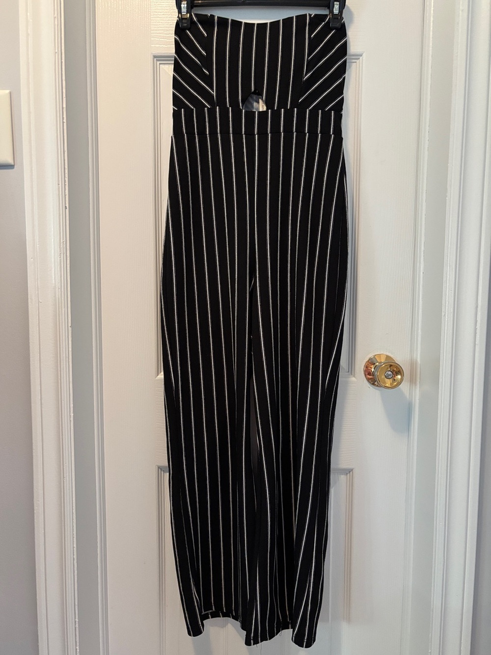 Black Pinstripe Wide-Leg Jumpsuit with Front Cutout